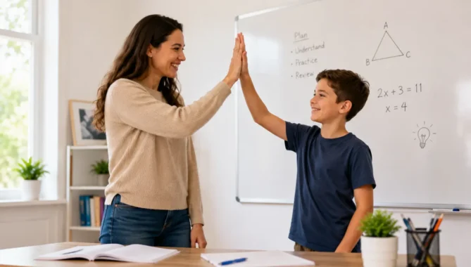 A tutor and student standing by a whiteboard and sharing a high five, representing the progress and confidence that come from Choosing a good 11 Plus tutor.