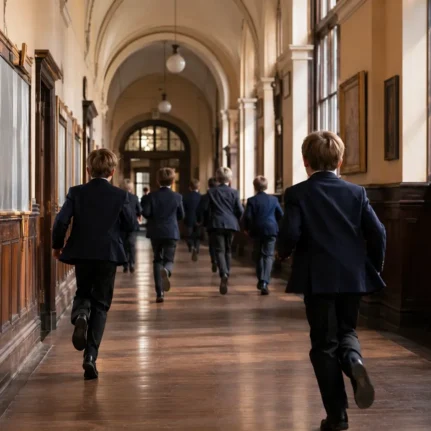Grammar school students running down a traditional UK school corridor with wooden floors and historic architecture.
