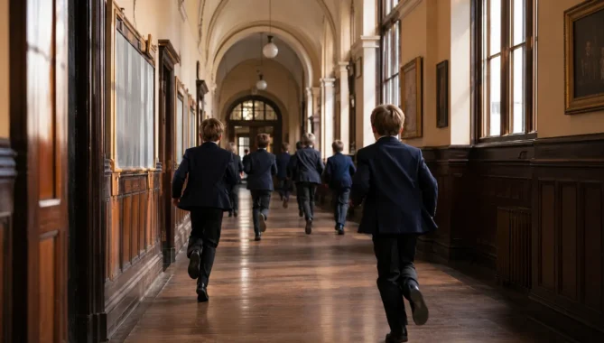 Grammar school students running down a traditional UK school corridor with wooden floors and historic architecture.