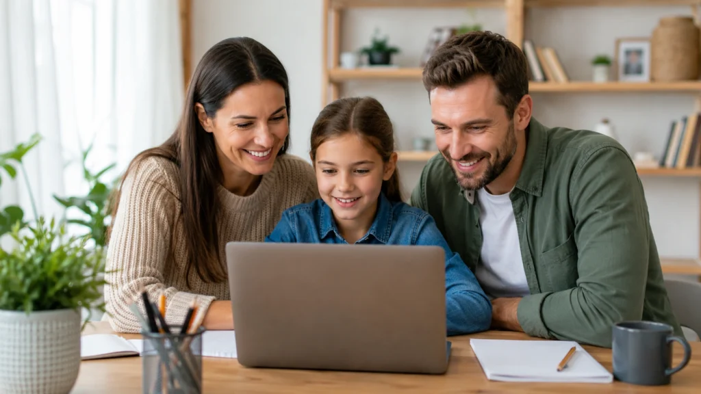 Parents and child reviewing 11 Plus results and next steps on a laptop