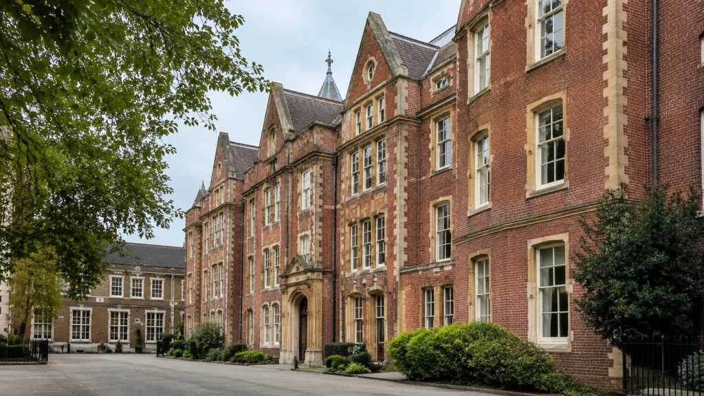 Historic London school building representing the changing history of CEM 11 Plus exams and grammar school assessments.