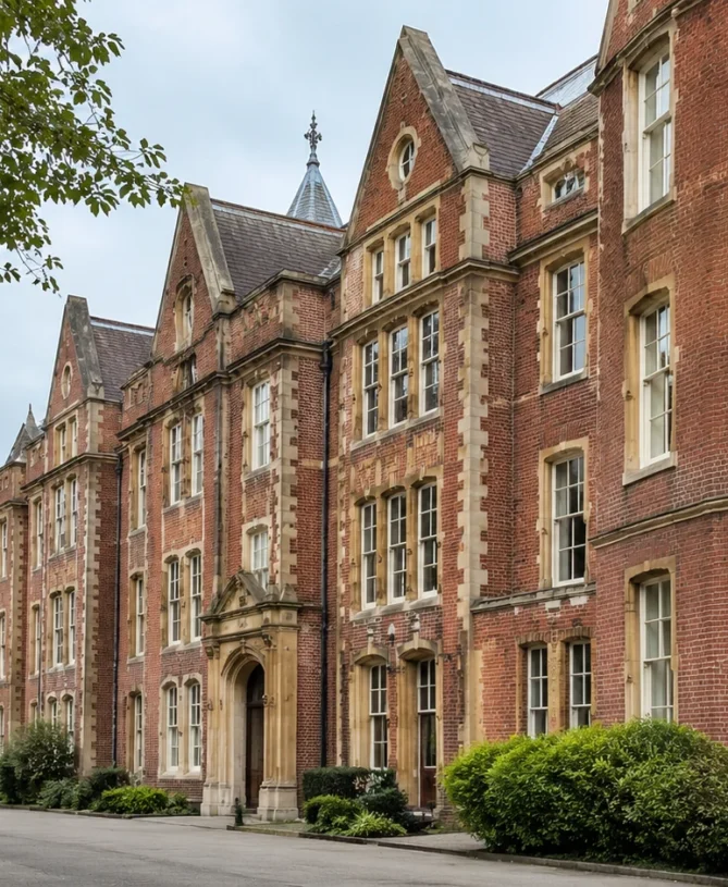 Historic London school building representing the changing history of CEM 11 Plus exams and grammar school assessments.