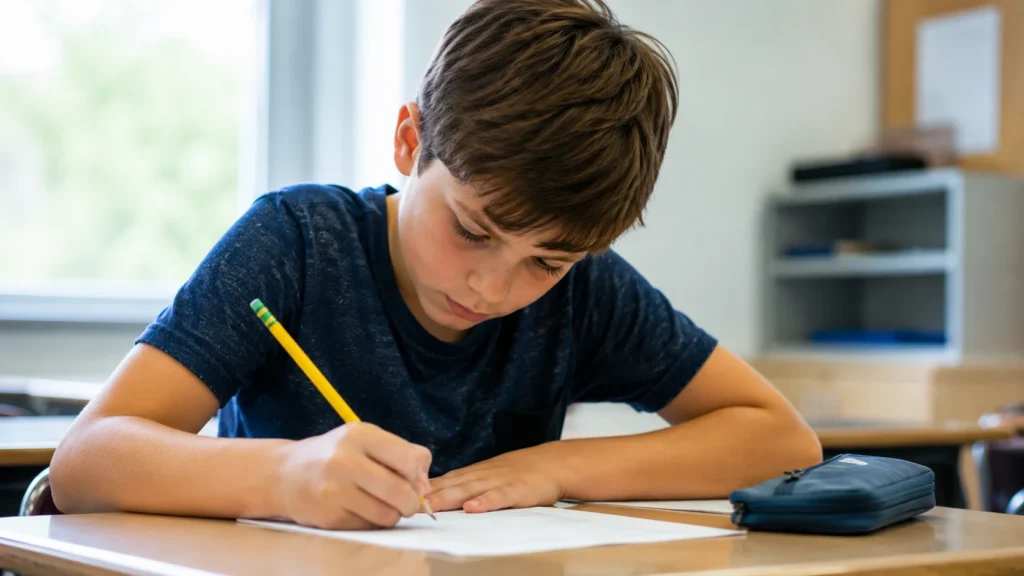 Child writing a homeschooling exam at a desk with a pencil and exam paper.