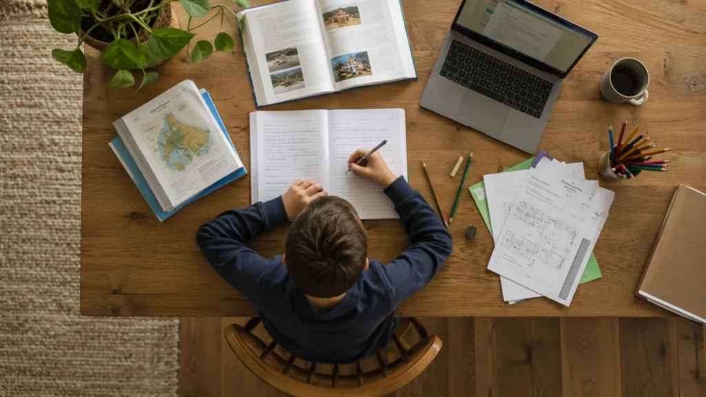 Overhead view of a child studying at home with books, worksheets, and a laptop for homeschooling in the UK.