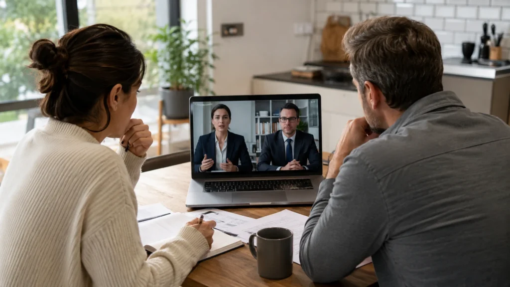 Parents meeting with legal professionals online to discuss how homeschooling works in the UK.