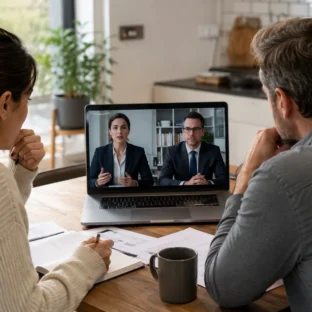 Parents meeting with legal professionals online to discuss how homeschooling works in the UK.