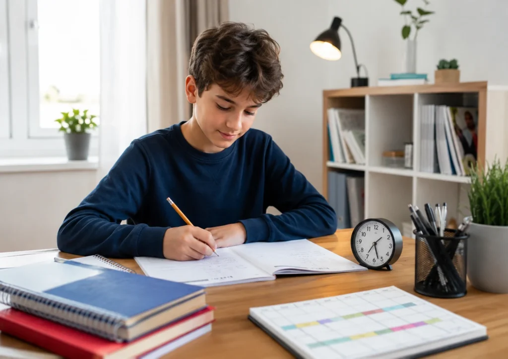 How Many Hours Should My Child Study for the 11 Plus? Child studying at a desk with a clock, planner, and books.