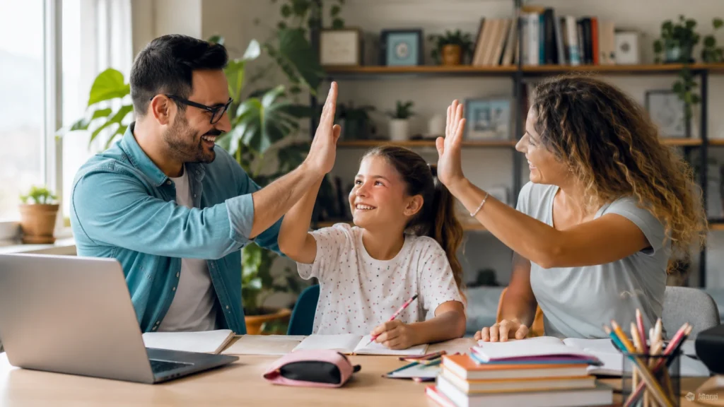 Happy family high-fiving in a home office while discussing whether the 11 Plus is right for their child.