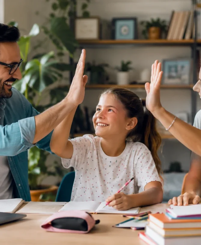 Happy family high-fiving in a home office while discussing whether the 11 Plus is right for their child.