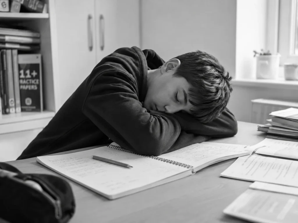 Overworked student for the 11 Plus exams asleep at a desk after too much study.