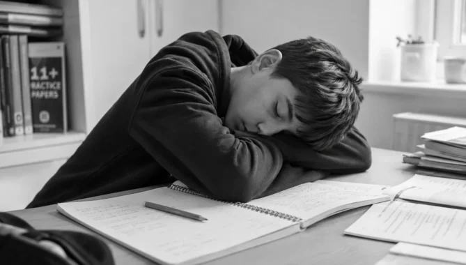 Overworked student for the 11 Plus exams asleep at a desk after too much study.