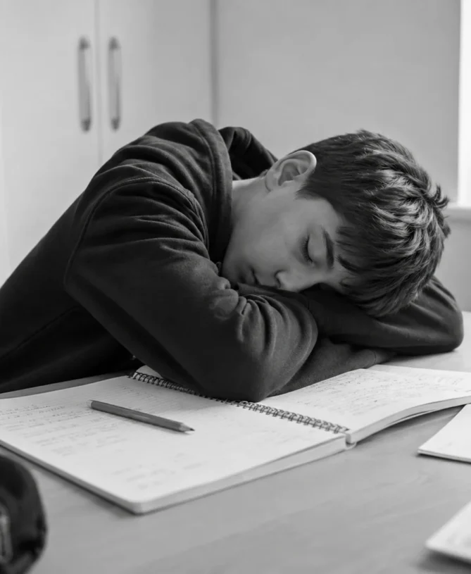 Overworked student for the 11 Plus exams asleep at a desk after too much study.