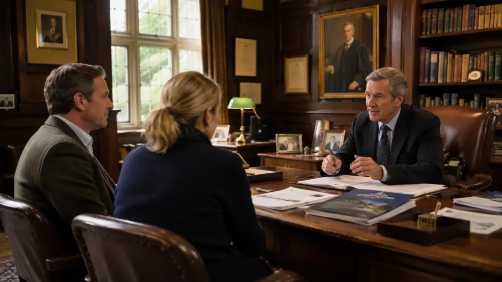Parents meeting with a headmaster in a traditional UK school office to discuss admissions and school applications.