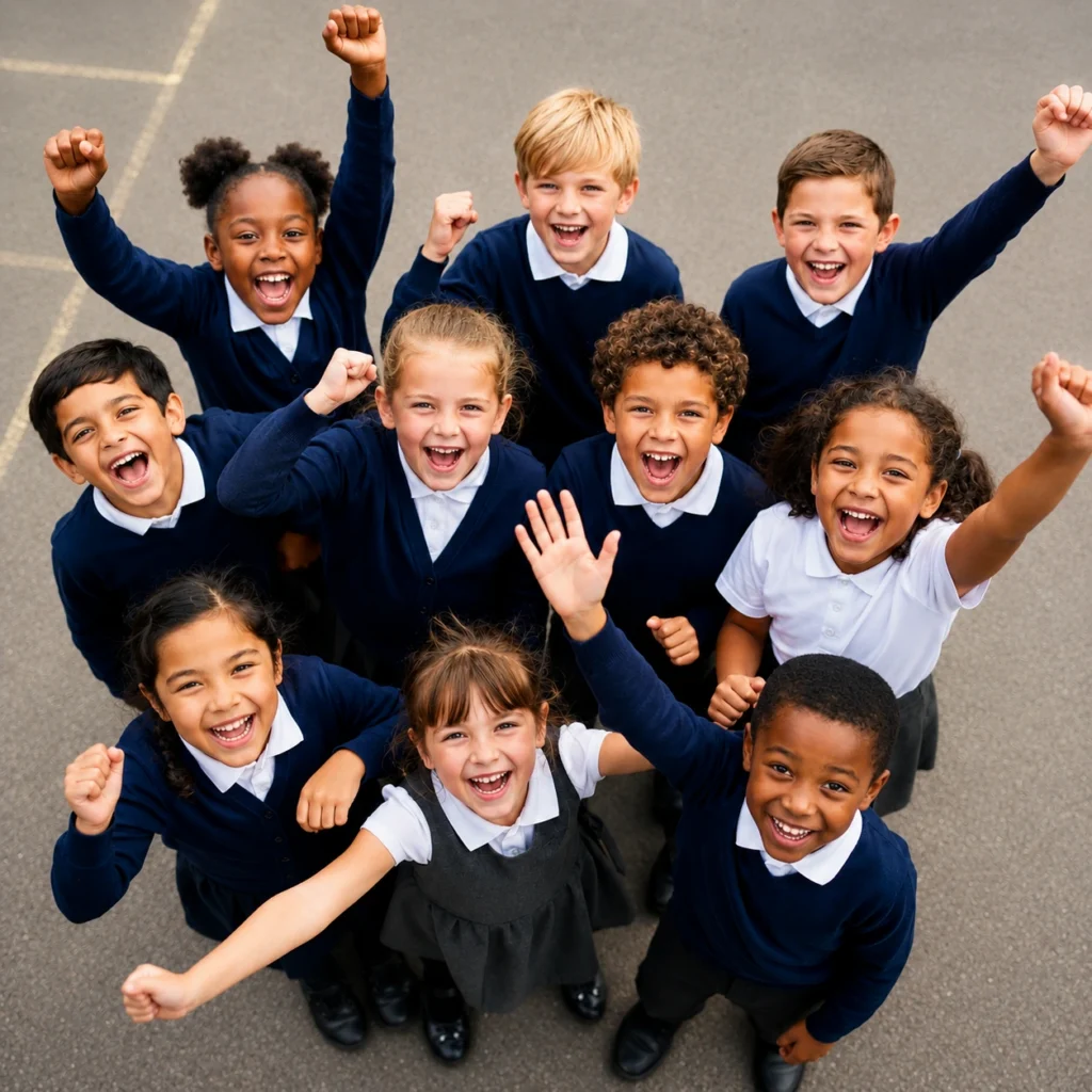 Happy primary school students celebrating together, representing KS1 and KS2 primary tuition for Years 1 to 6.