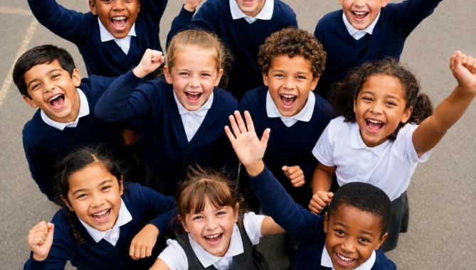 Happy primary school students celebrating together, representing KS1 and KS2 primary tuition for Years 1 to 6.