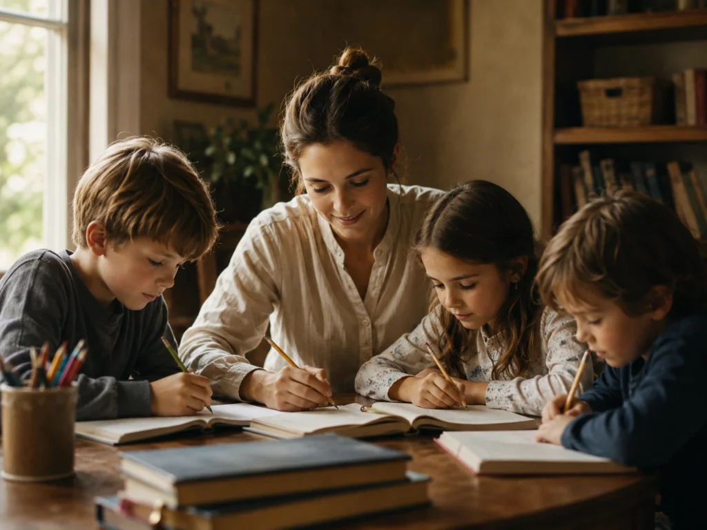 Primary tutor supporting KS1 and KS2 children during a warm home study session.
