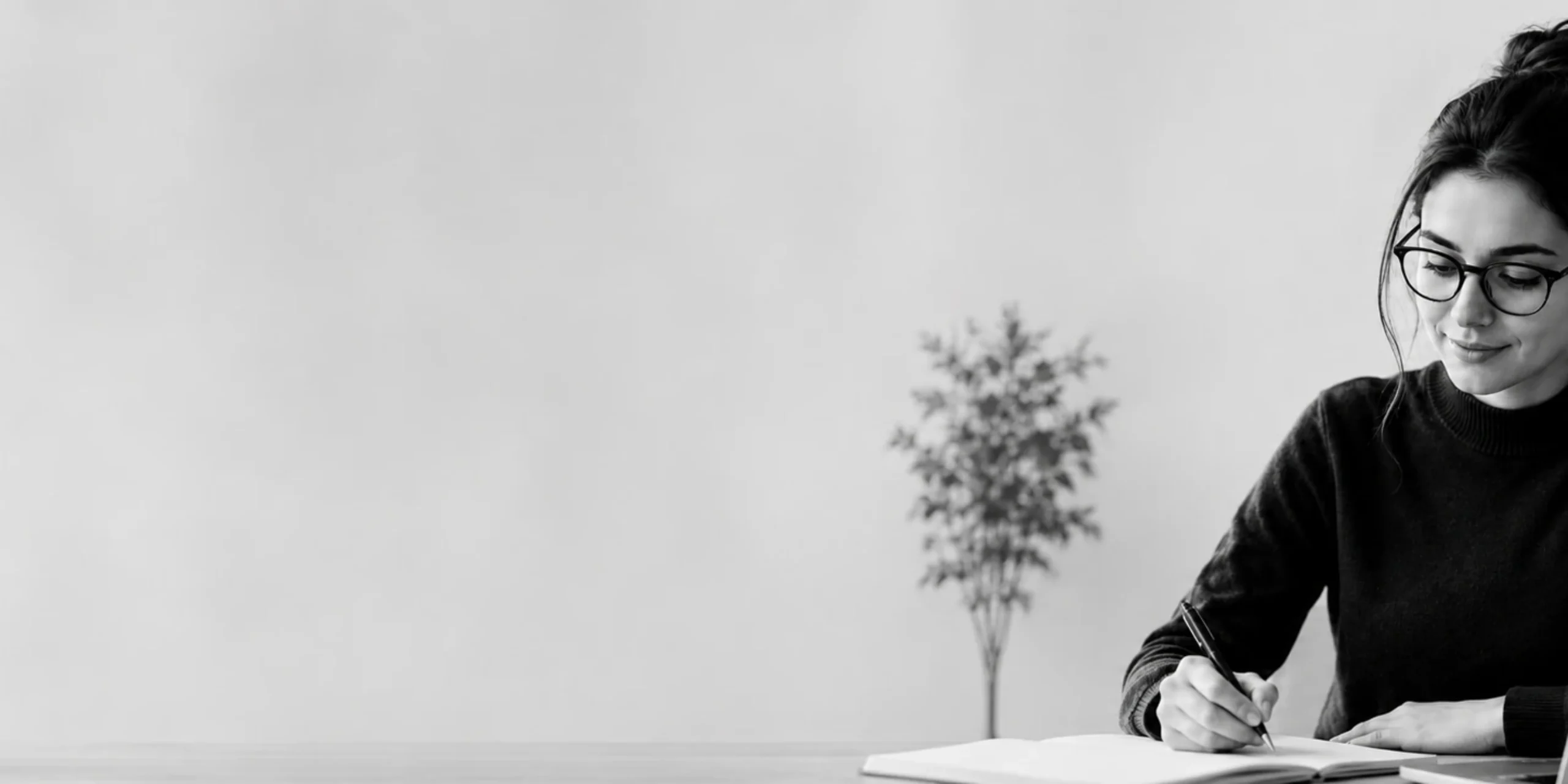 Female private tutor wearing glasses working at a desk with a laptop and notebook in a calm black-and-white study setting.