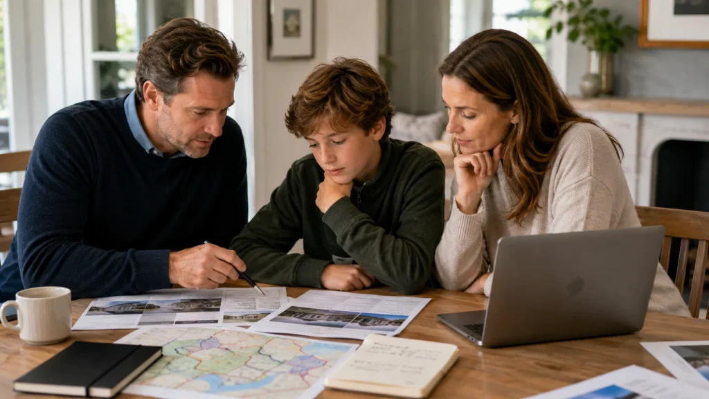 Family reviewing school options, catchment maps, and admissions papers for a realistic target-school assessment.