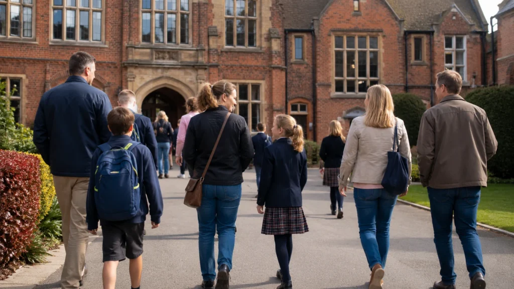 Parents and children walking around a British school during a school visit day.