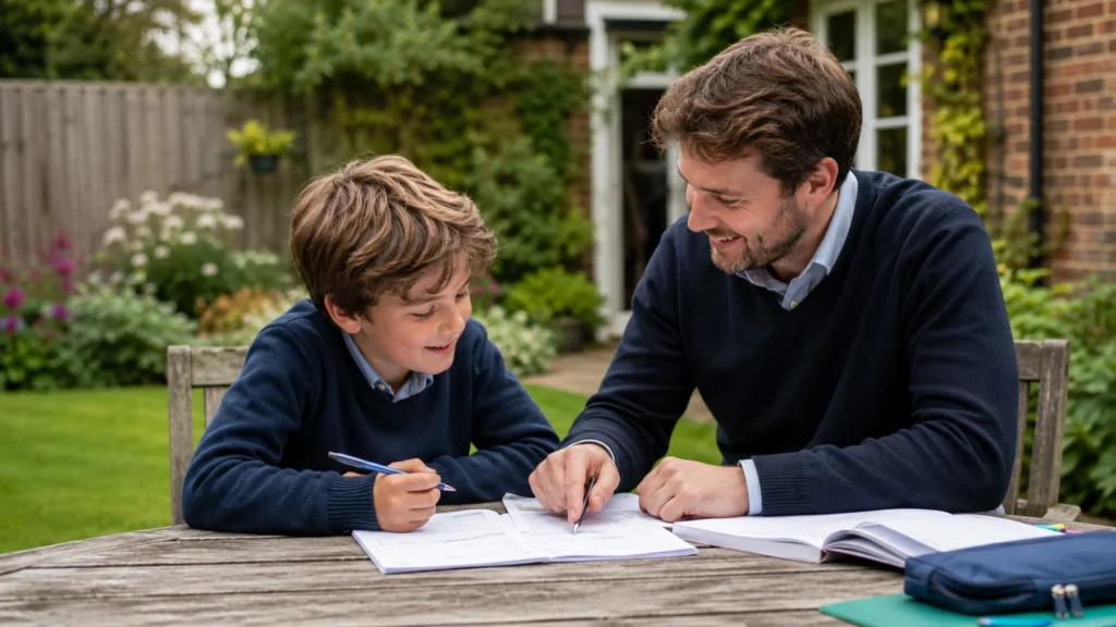 Tutor helping a child prepare for the 11 Plus at an outdoor table in a British garden.