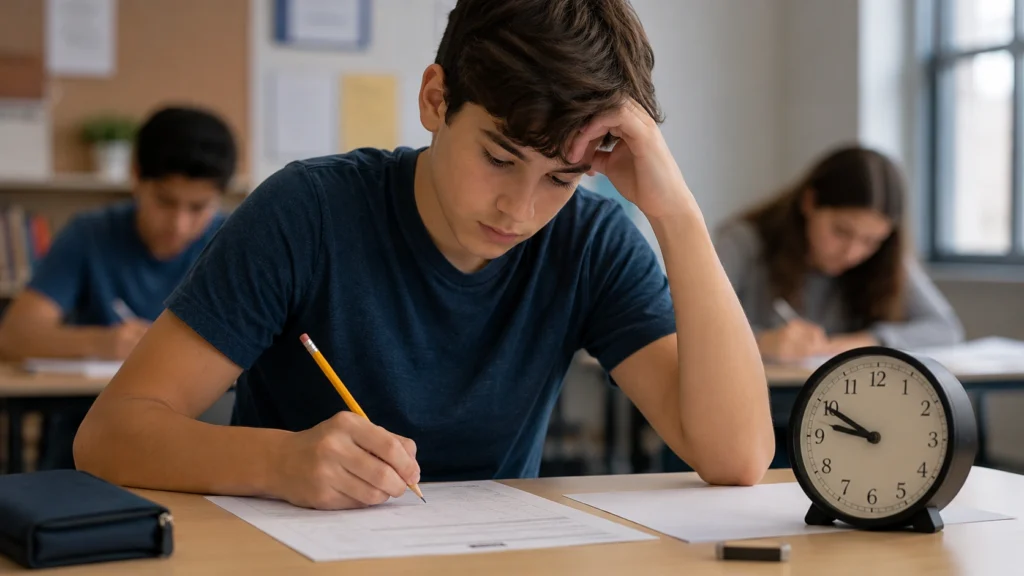 Student writing an exam with a clock nearby during timed 11 Plus practice