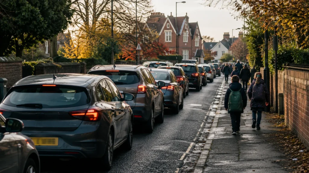 School-run traffic on a British street showing commute time as a factor when choosing a school.