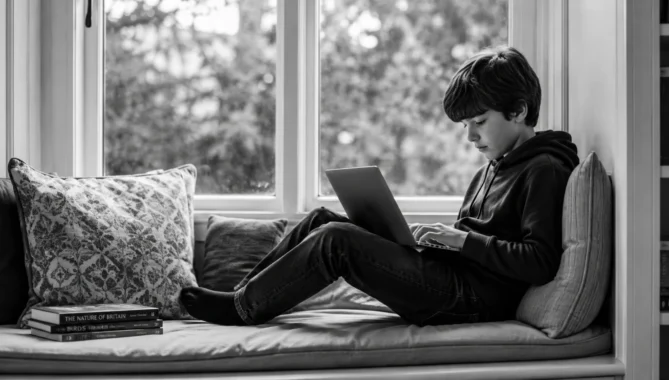 Child using a laptop in a black-and-white reading nook while learning about the types of 11 Plus exams.