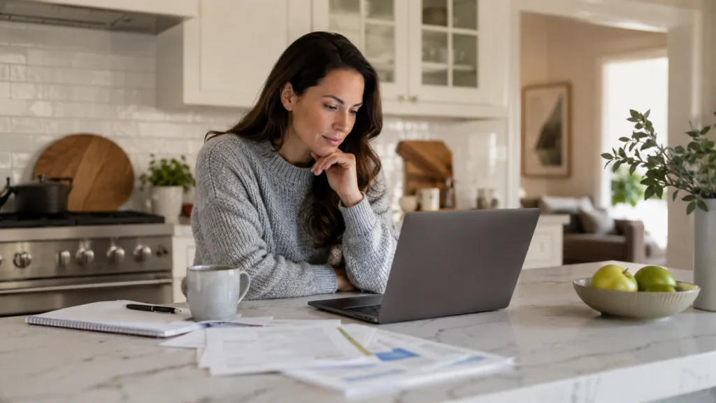 Mother researching the types of 11 Plus exams on a laptop at her kitchen island.