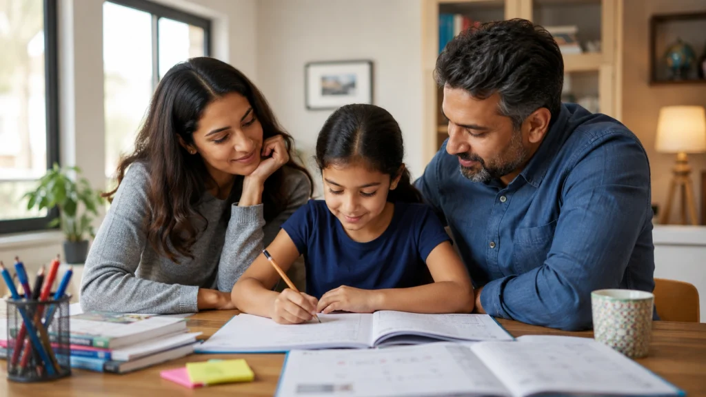 Family helping a child with 11 Plus preparation at home
