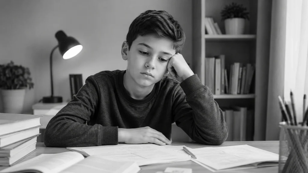 11 Plus student looking disappointed while studying at a desk with practice papers and books