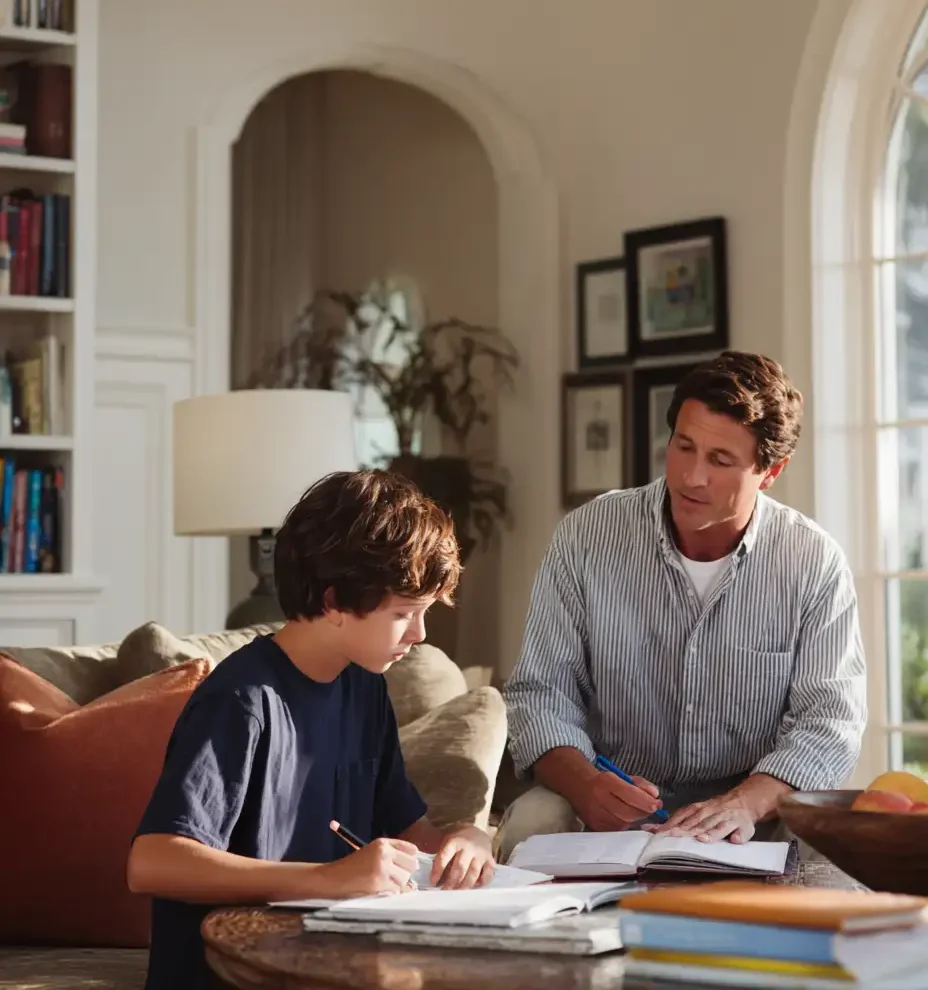 Tutor teaching primary school child at home