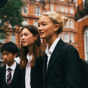 Students in front of a school in Kensington & Chelsea