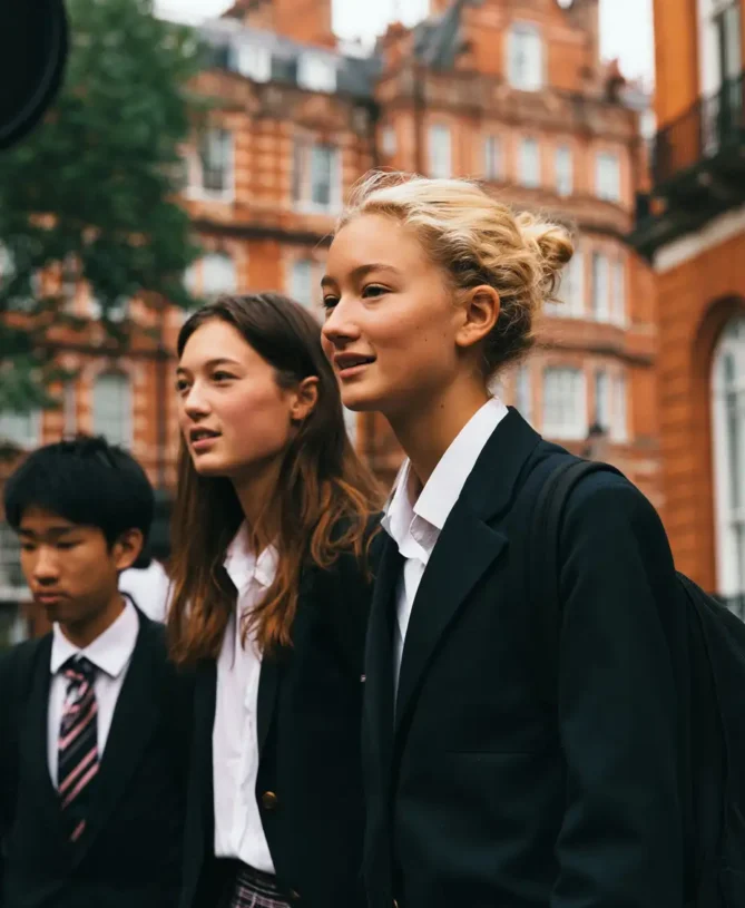 Students in front of a school in Kensington & Chelsea