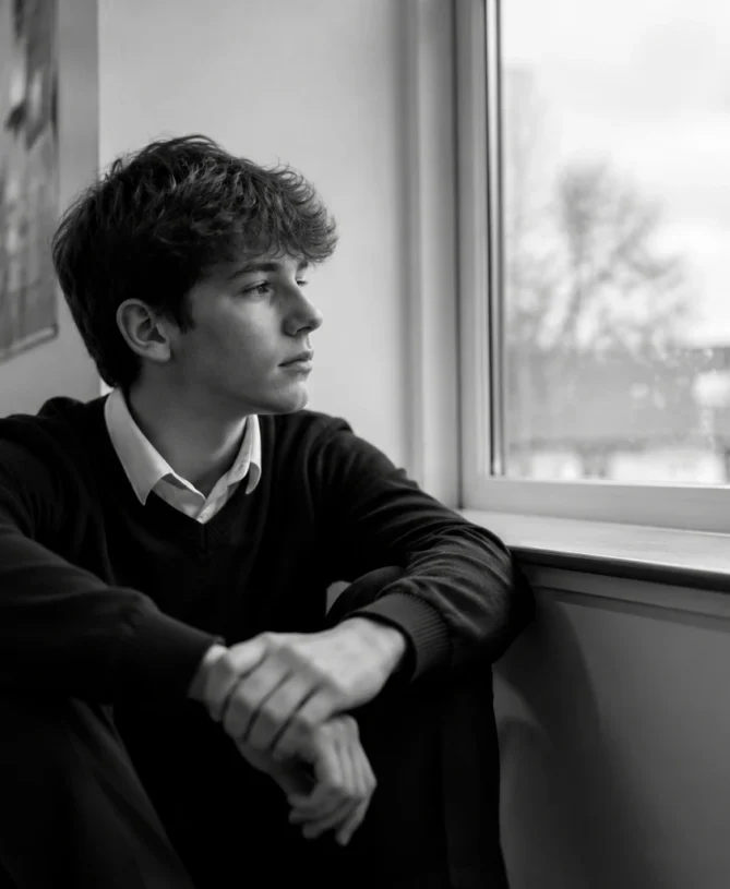 Teenage boy in school uniform sitting by a window in a quiet corridor, mental health education support London