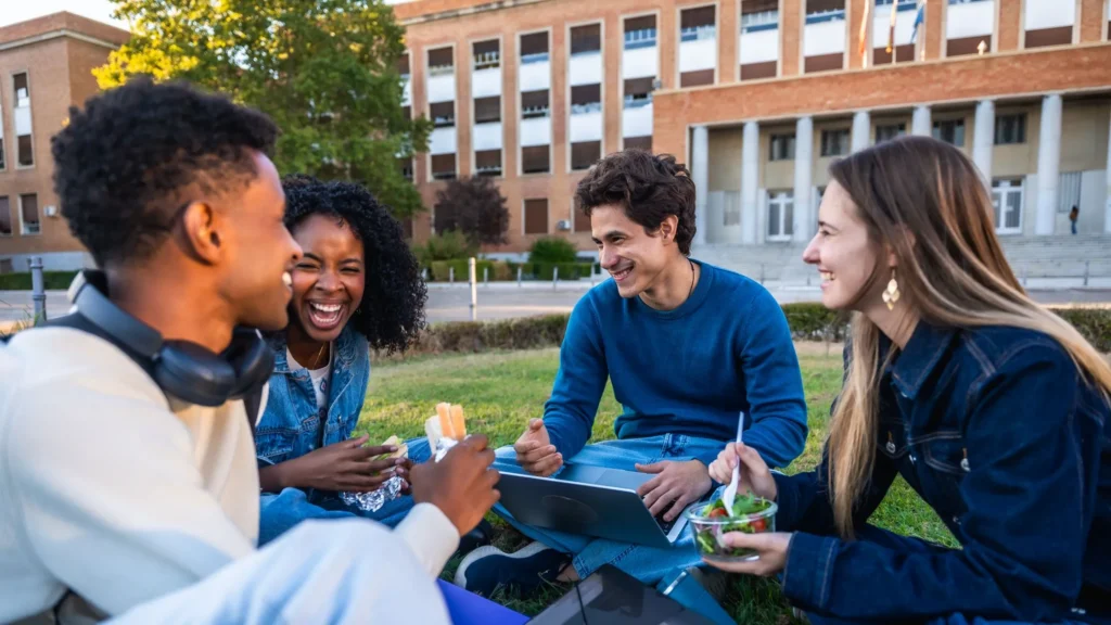 Students talking on campus grass, weighing up IGCSE vs GCSE options