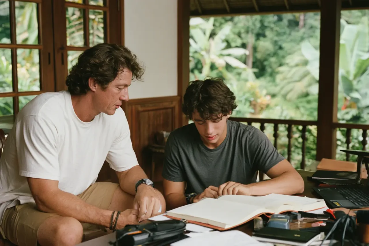 Mentor and tutor teaches a teen at home in a beautiful home in the caribbean
