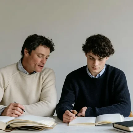 Lifestyle picture of a tutor and student. Student wears a smart blue jumper
