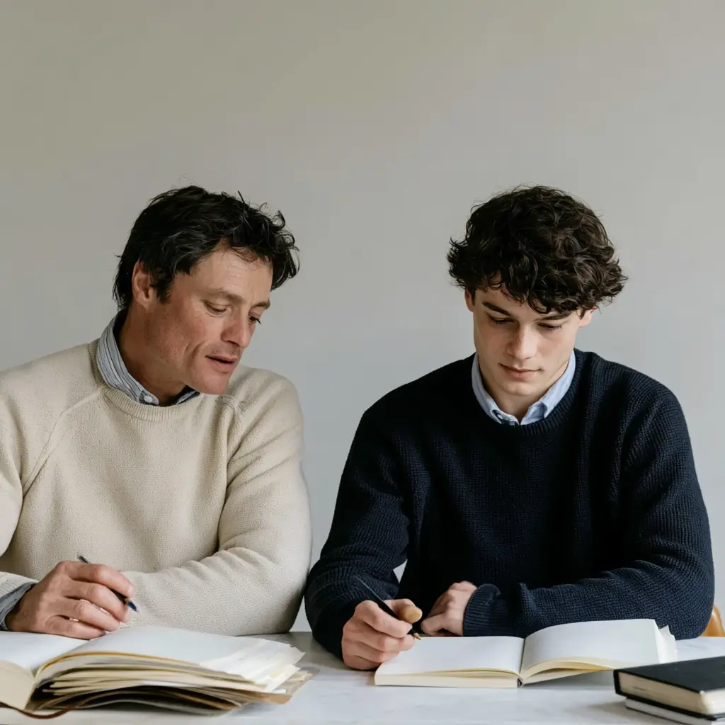 Lifestyle picture of a tutor and student. Student wears a smart blue jumper