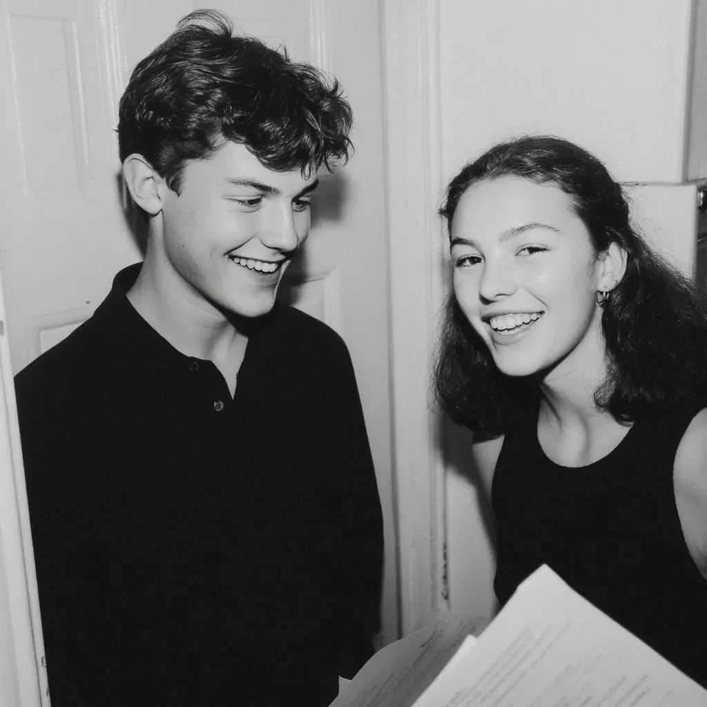 GCSE students happy in a London townhouse, black and white photograph