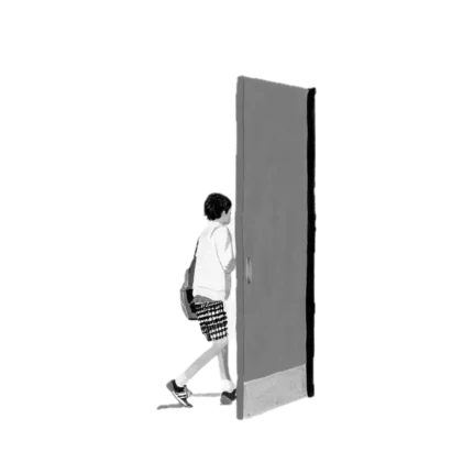 Illustration of child walking through door