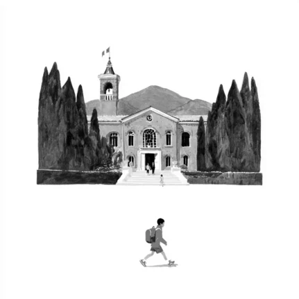 Illustration of a child walking in front of a school in Italy