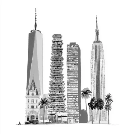 Illustration of skyline of global cities like tokyo, dubai, singapore and new york