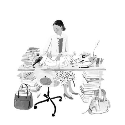 Illustration of teacher marking papers at desk