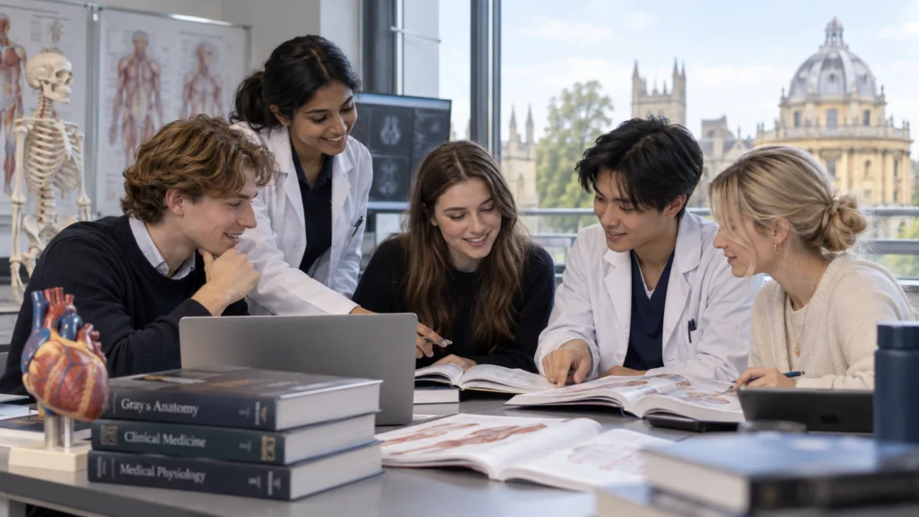 Students studying medicine together at a UK university, representing the best medical schools in the UK.