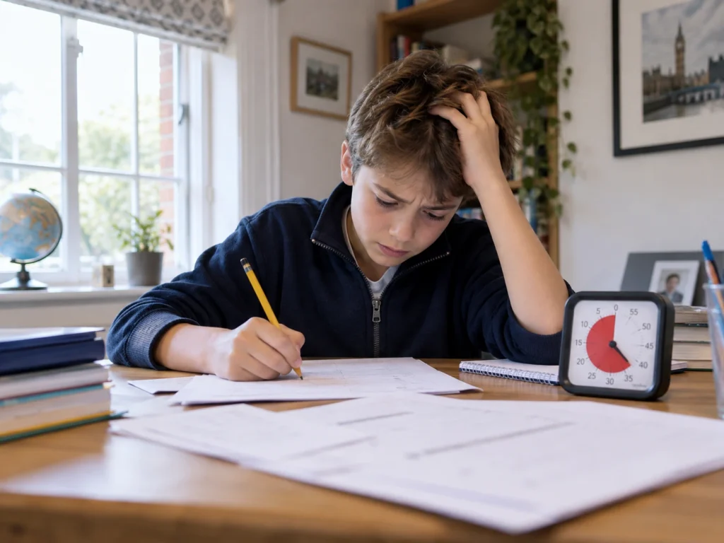 11 Plus student looking stressed while completing practice papers with a timer on the desk, illustrating how to improve speed in the 11 Plus.