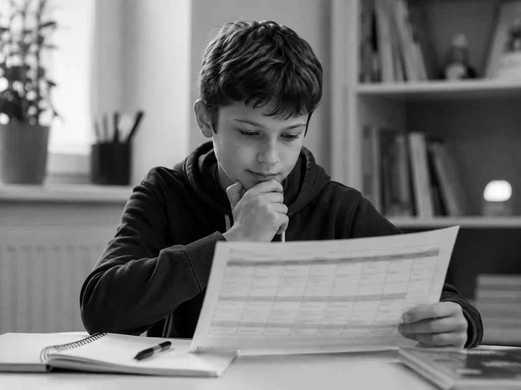 Student reviewing a revision timetable while preparing for entrance exams, illustrating how to revise for 11 Plus and 13 Plus.