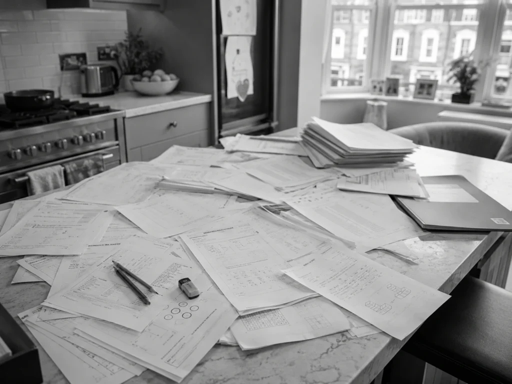 11 Plus practice papers scattered across a kitchen island, illustrating How to Use 11 Plus Practice Papers effectively.