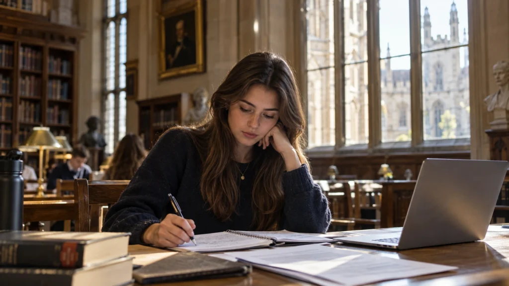Student preparing for the Law National Aptitude Test in a university library, featured in our LNAT guide.