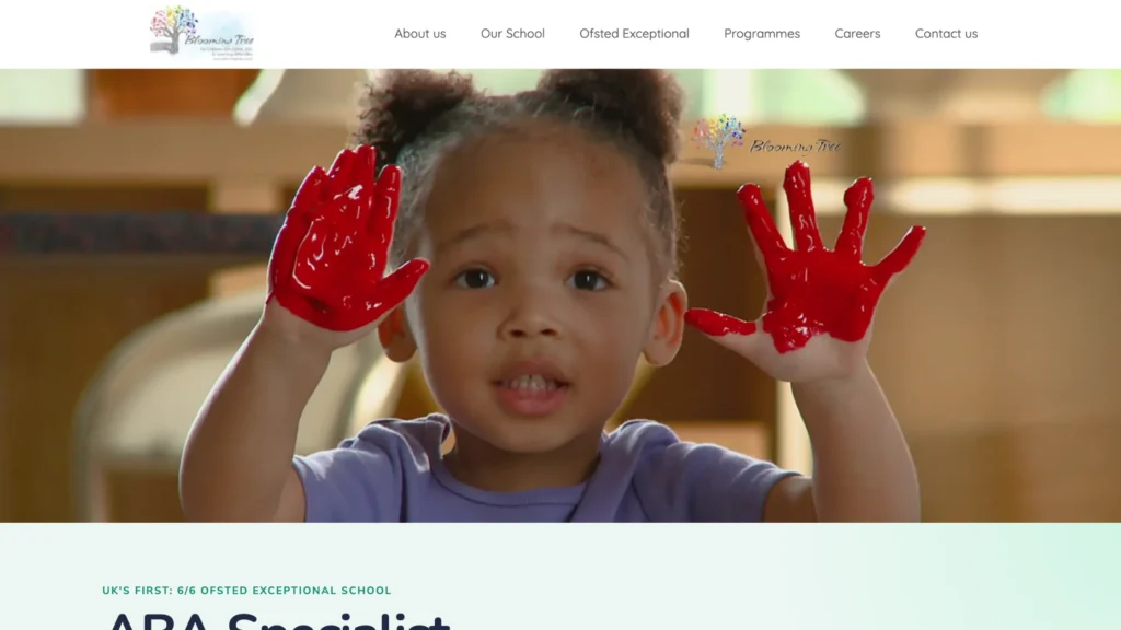 Blooming Tree homepage showing a young child holding up hands covered in red paint, an ABA specialist school for autistic children in London