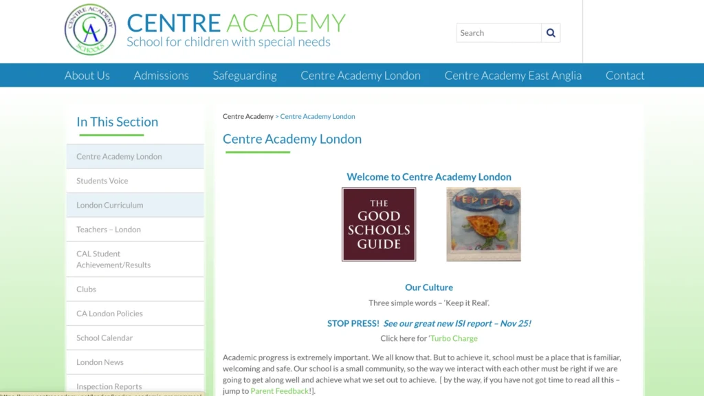 Centre Academy London webpage with a Good Schools Guide badge, a special needs school in London